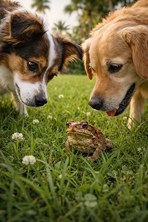 Dog near a cane toad outdoors — pets can be poisoned quickly if they mouth or lick invasive bufo toads in Florida