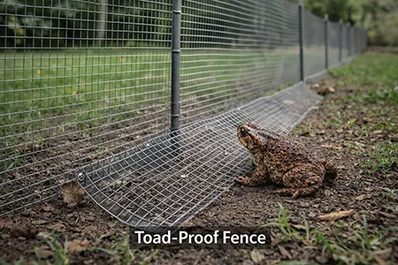 Mesh barrier along a Florida yard fence line to block cane toads from entering pet and pool areas
