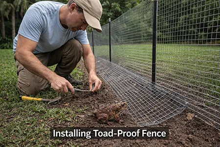 Installing a low toad-proof mesh barrier at ground level along a residential fence in South Florida